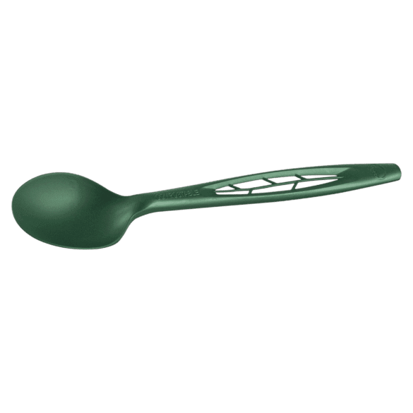 Green 6.5" heavy-duty compostable CPLA spoon from 1000-count case compliant with Washington Plastic Product Degradability labeling law