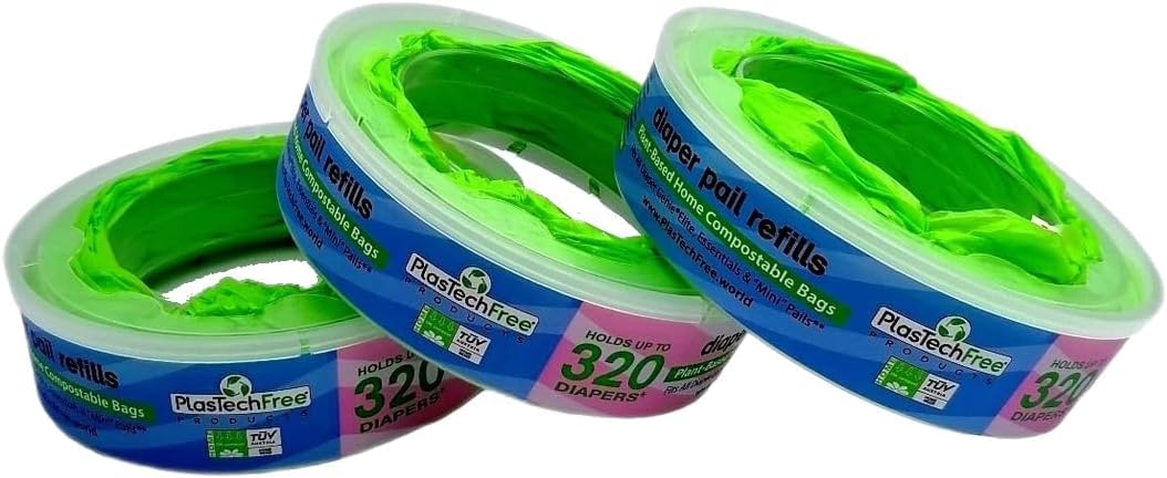 Plastech Diaper Pail Refills - 100% Home Compostable/Plant-Based, 3 Count