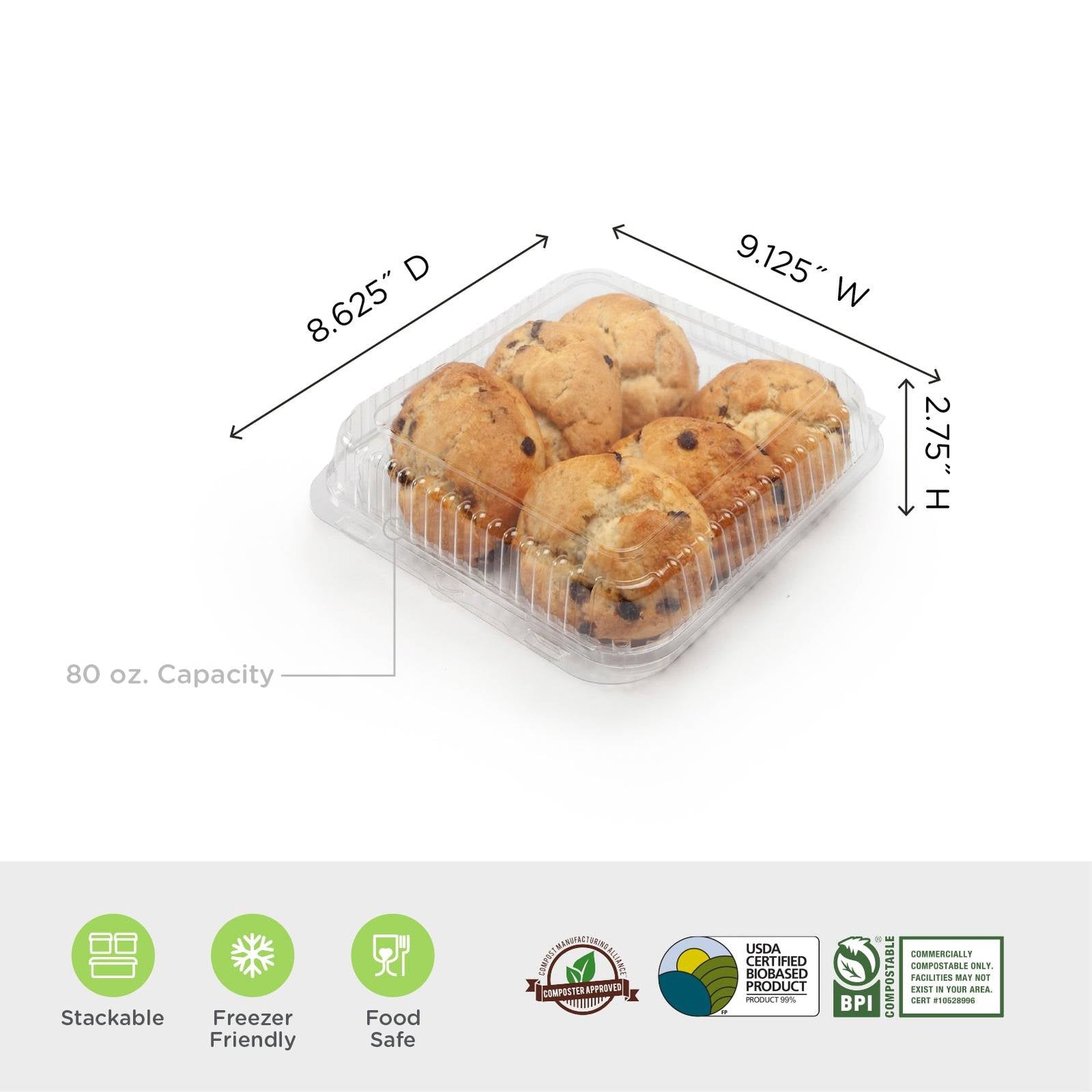 Square 80 oz. Center Seal Multi-purpose Package, Crystal Clear, PLA, 175/Case