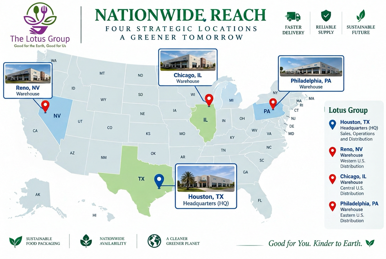 Map of The Lotus Group warehouse locations in Houston TX, Reno NV, Chicago IL, and Philadelphia PA