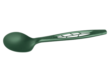 Green 6.5" heavy-duty compostable CPLA spoon from 1000-count case compliant with Washington Plastic Product Degradability labeling law