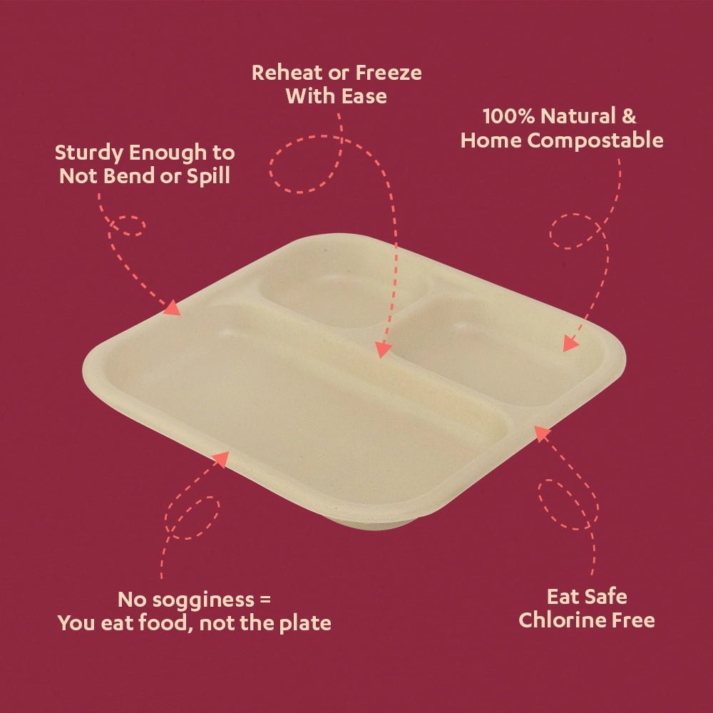 Chombo 3CP Sugarcane Bagasse Disposable Meal Plate,500 Count