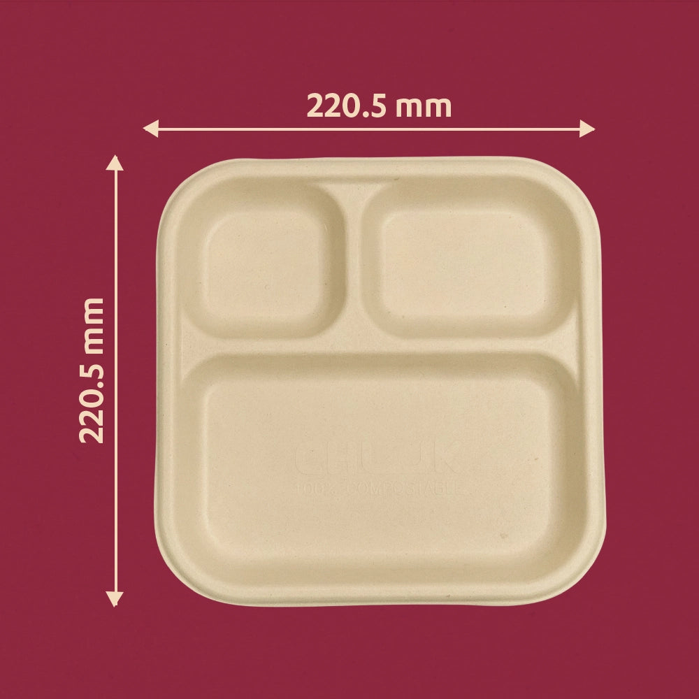Chombo 3CP Sugarcane Bagasse Disposable Meal Plate,500 Count