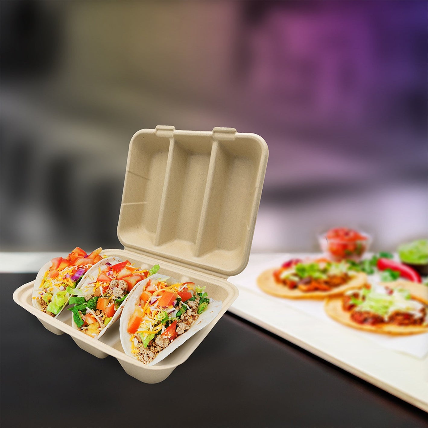 8" X 7" - 3 SECTION TACO HINGED CONTAINER - PFAS FREE , 200 Count Case