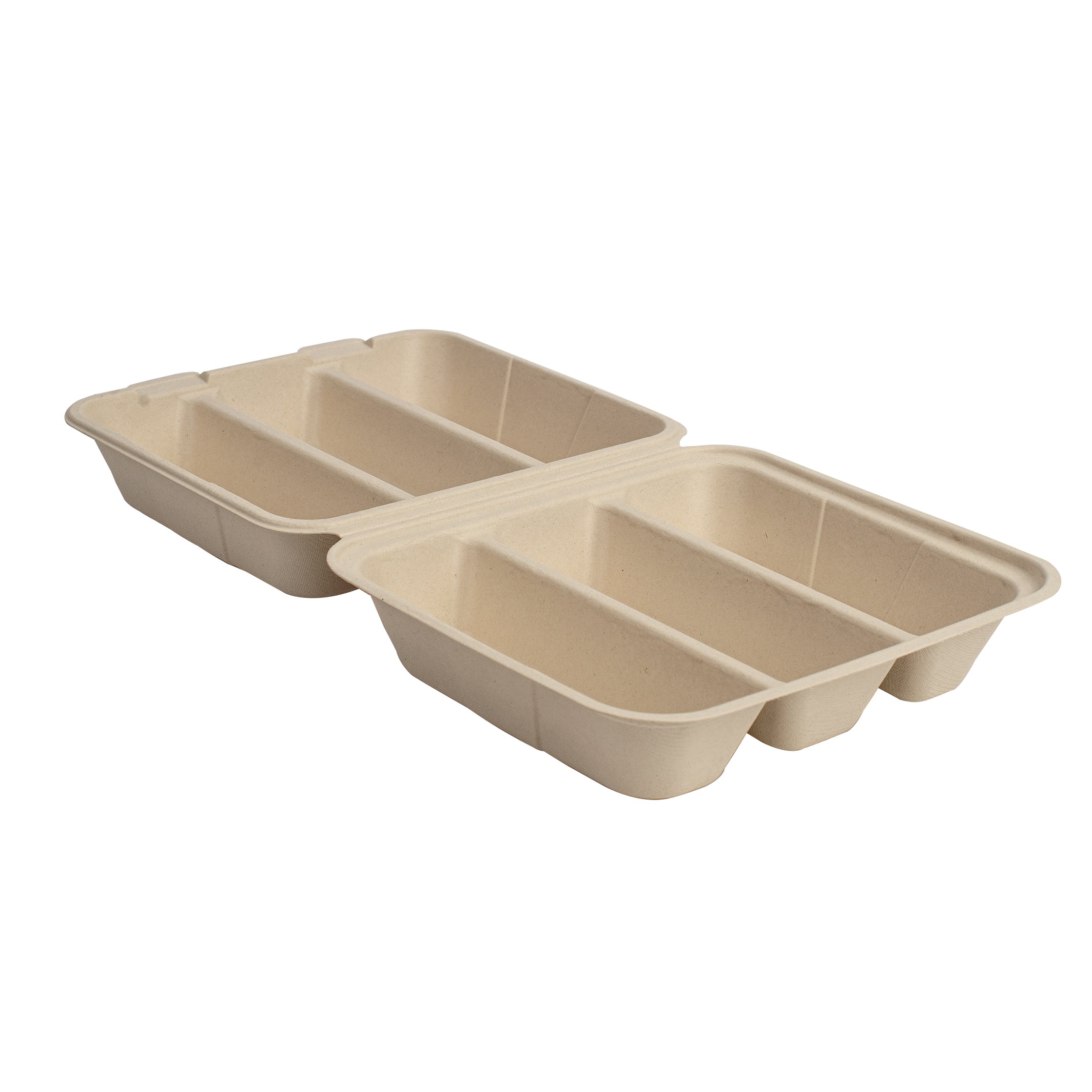Open 8 x 7 inch three-compartment bagasse taco takeout container