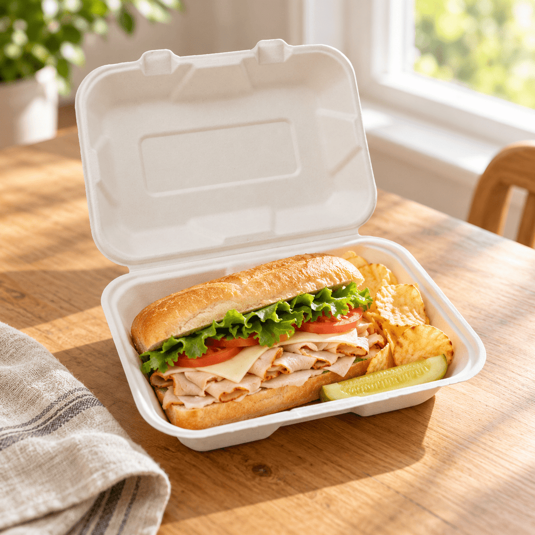 Eco-Rootz 9x6 Inch Molded Fiber Hinged Conatainer Clamshell , 200 Count Case