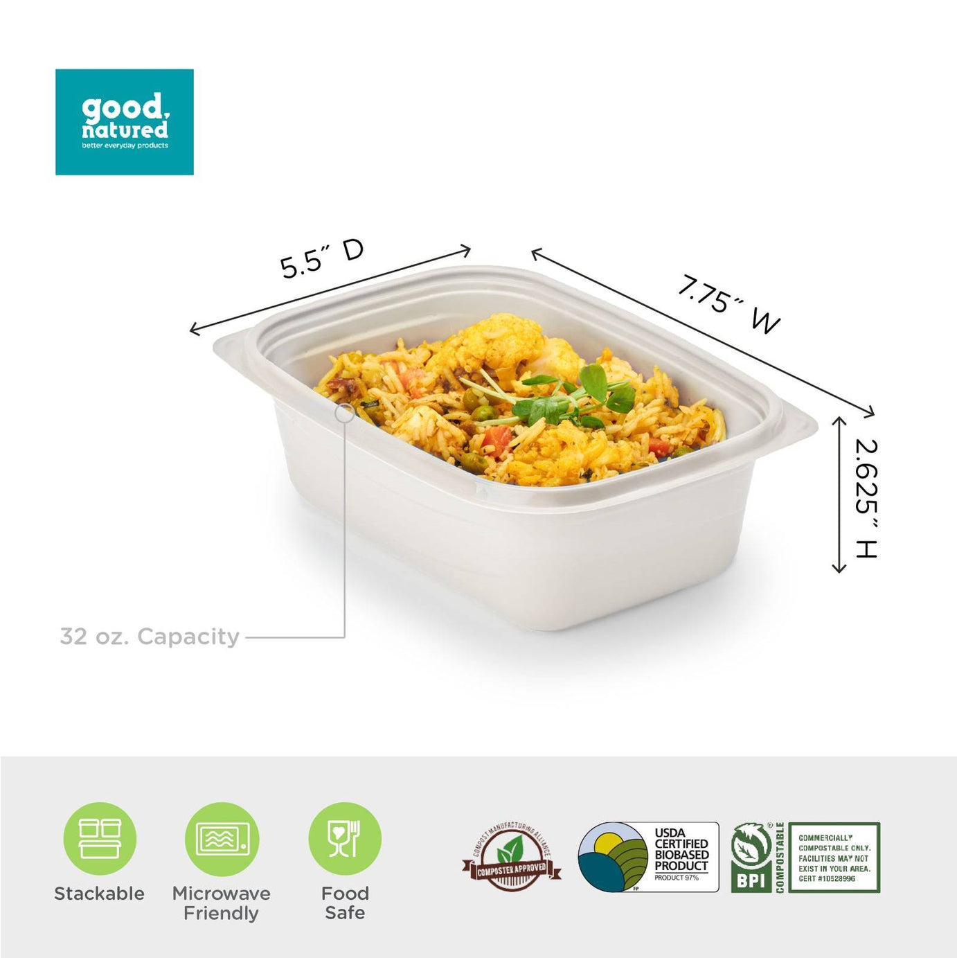 32 oz. GoodToGo™ Microwavable Container, Stone, CPLA, 450/Case
