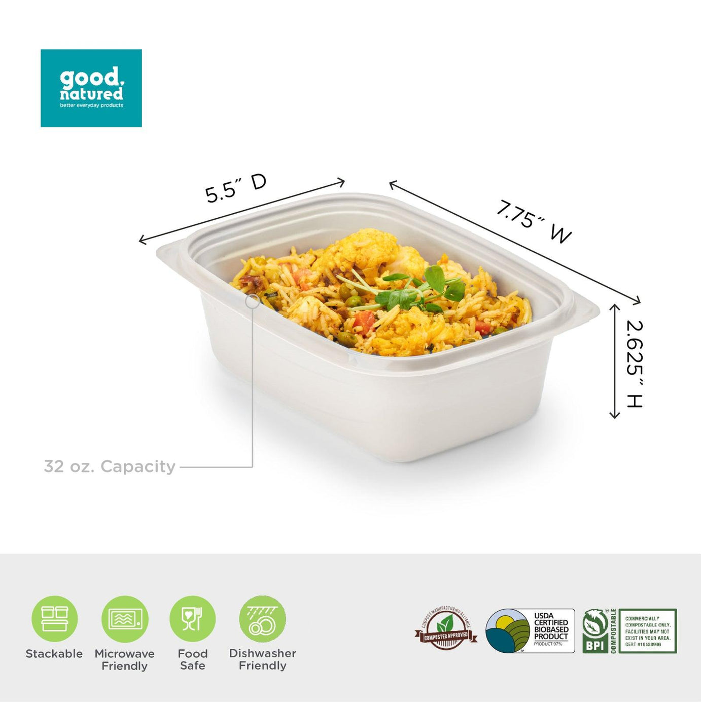 32 oz. GoodToGo™ Microwavable Container, Stone, CPLA, 450/Case