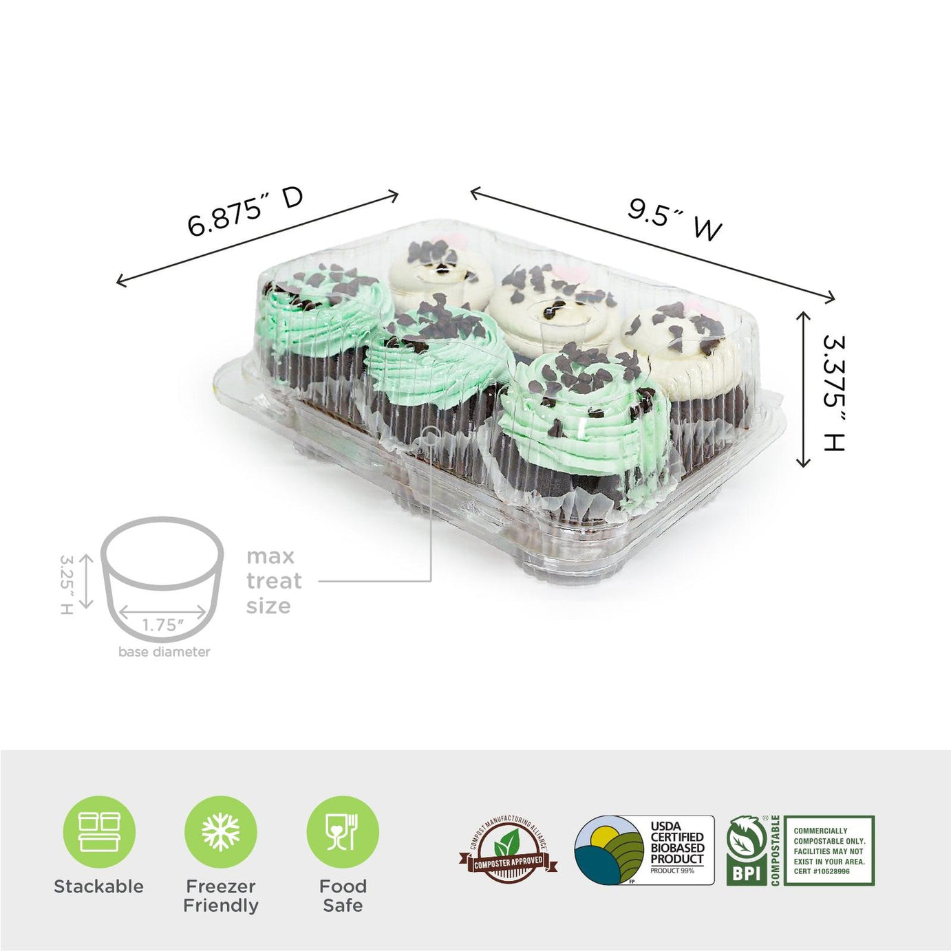 6-pack 3.25" Classic Cupcake & Muffin Package, Crystal Clear, PLA, 250/Case