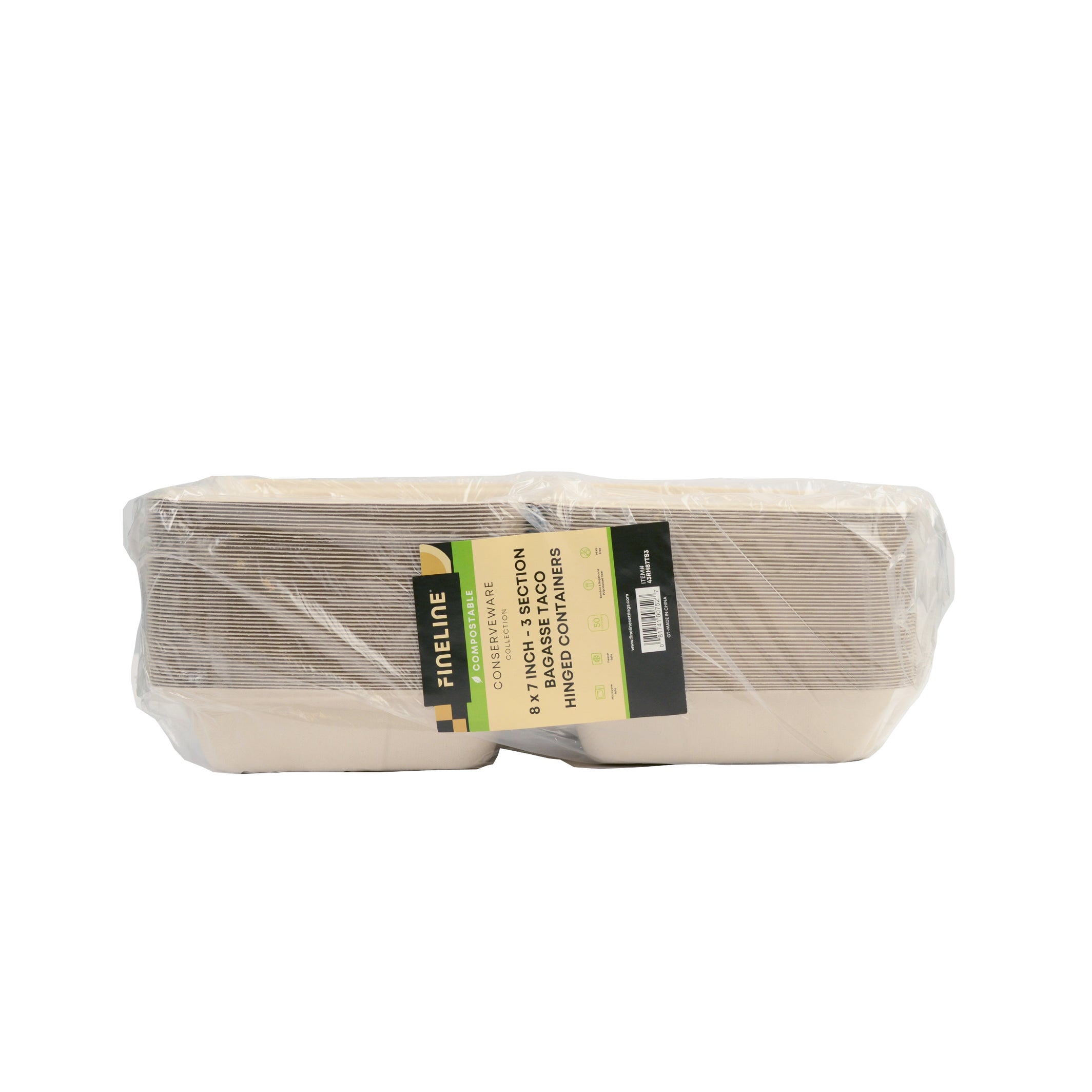 Stack of compostable bagasse taco containers for restaurant foodservice