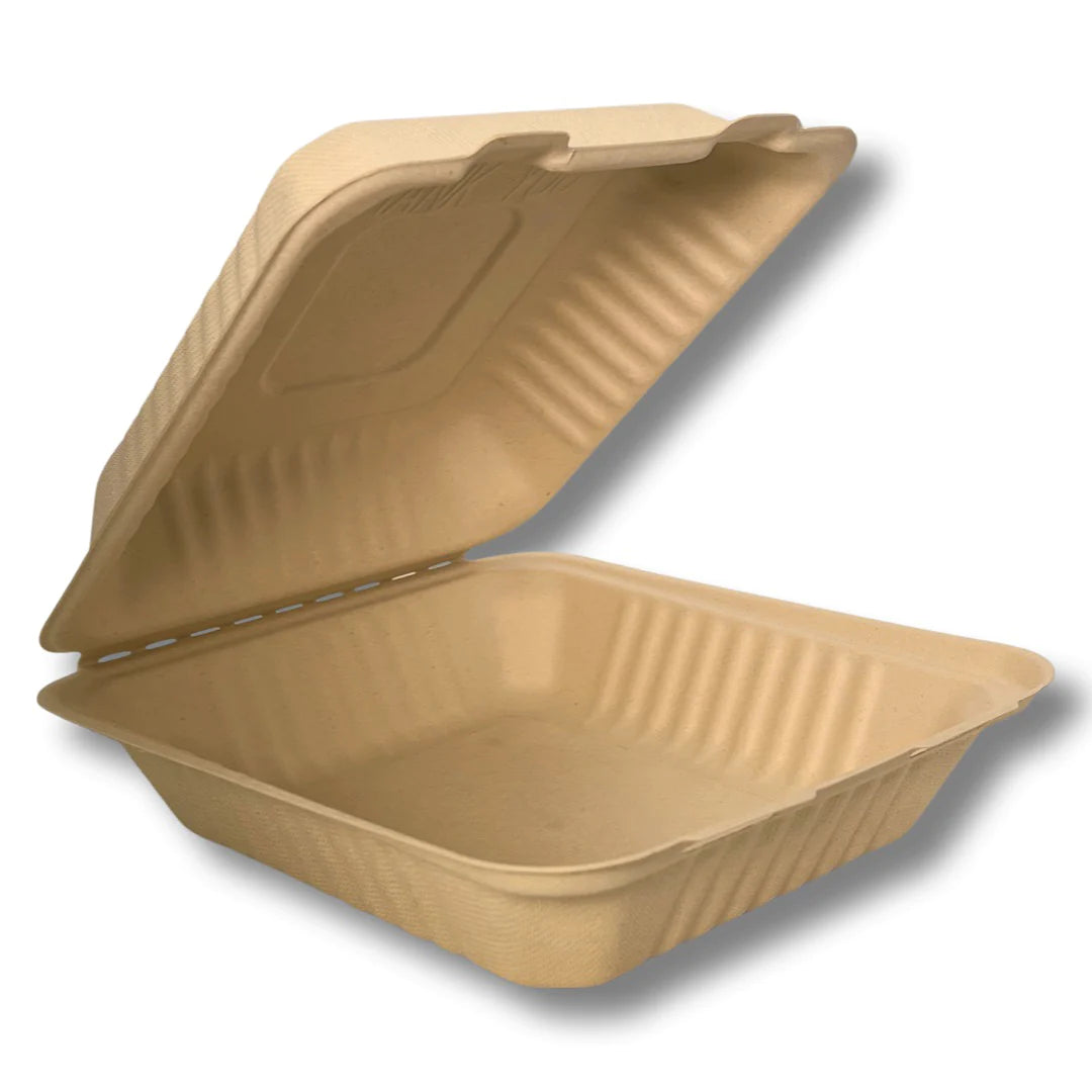 9 X 9 INCH MOLDED FIBER COMPOSTABLE HINGED CONTAINER NO PFAS-ADDED